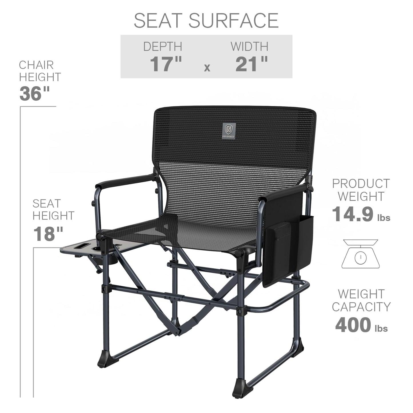 EVER ADVANCED Camping Directors' Chair with Side Table, Portable Folding with Compact Size, Breathable & Quick Dry Design Heavy Duty Lawn Chair with Pocket, 400lbs, Textilene Mesh, Black