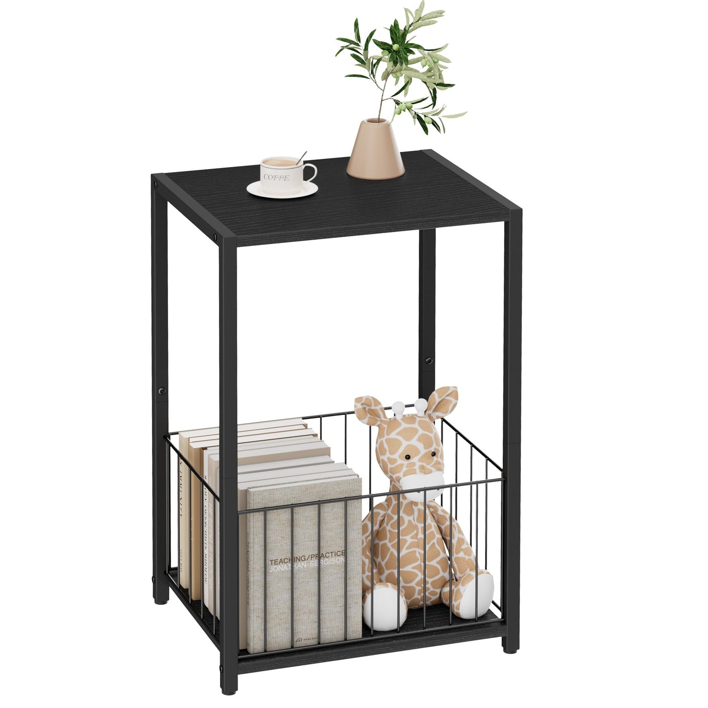Homleke Side Table with Magazine Holder, Record Player Stand with LP Shelf, End Table for Living Room, Bedroom, or Bedside, Easy Assembly, 11" D x 16.9" W x 23.6" H, Black