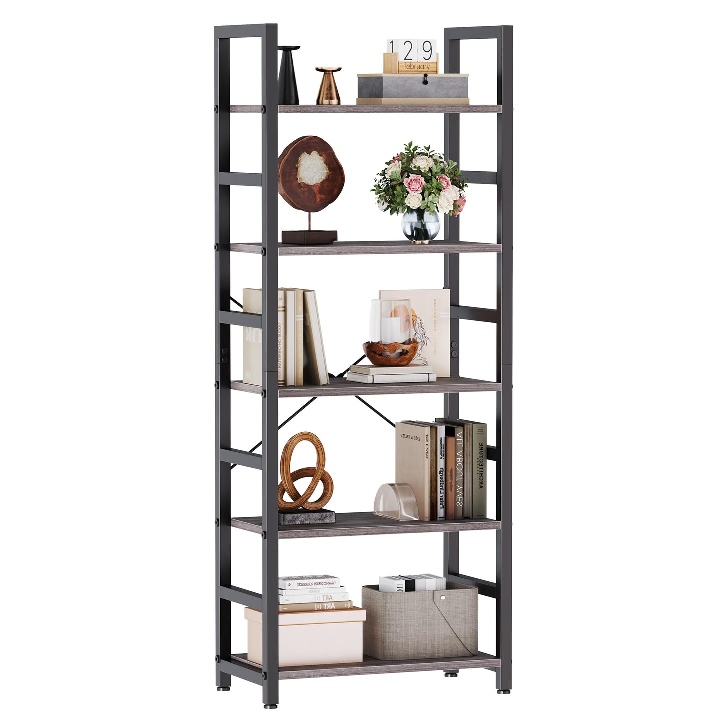 DUMOS 5-Tier Bookshelf, Modern Tall Bookcase, Open Storage Display Shelf for Living Room, Bedroom, Home Office, Narrow Standing Shelving Unit for Books, CDs, Décor，Wood Grey