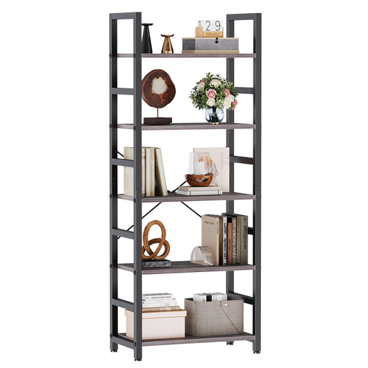 DUMOS 5-Tier Bookshelf, Modern Tall Bookcase, Open Storage Display Shelf for Living Room, Bedroom, Home Office, Narrow Standing Shelving Unit for Books, CDs, Décor，Wood Grey