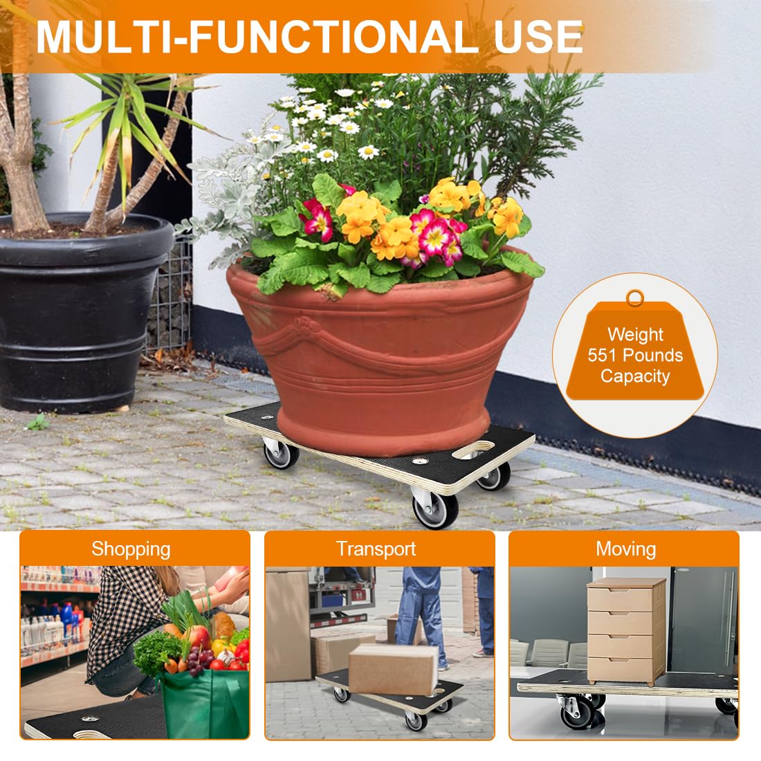 1100LB Heavy Duty Rectangle Moving Dolly Cart - 2-Pack with 3" TPR Silent Wheels, Non-Slip 11-Layer Plywood Platform, No Assembly Needed - for Furniture, Warehouse, Home & Commercial Use