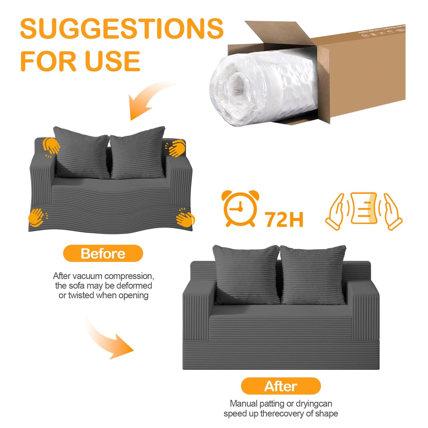 Erament Convertible Sofa Bed, Loveseat Folding Floor Futon Sleeper Sofa Couch Bed- Boneless Foldable Couch, Corduroy Pull Out Sofa Bed with 2 Pillows for Living Room & Bedroom