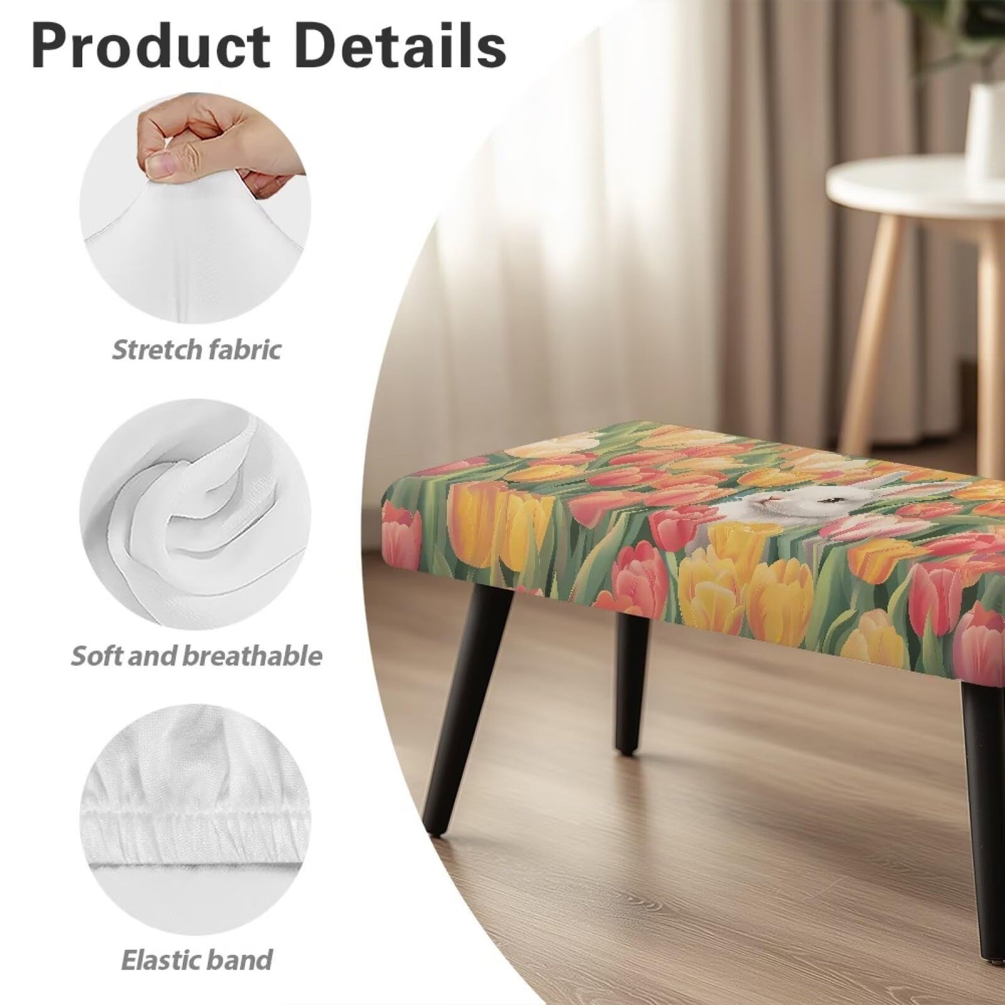 Cugasmaru Dining Bench Cushion Stretch Anti Slip Grip for Kitchen Counter Breakfast Nook Living Room Rabbit Tulip Waterproof