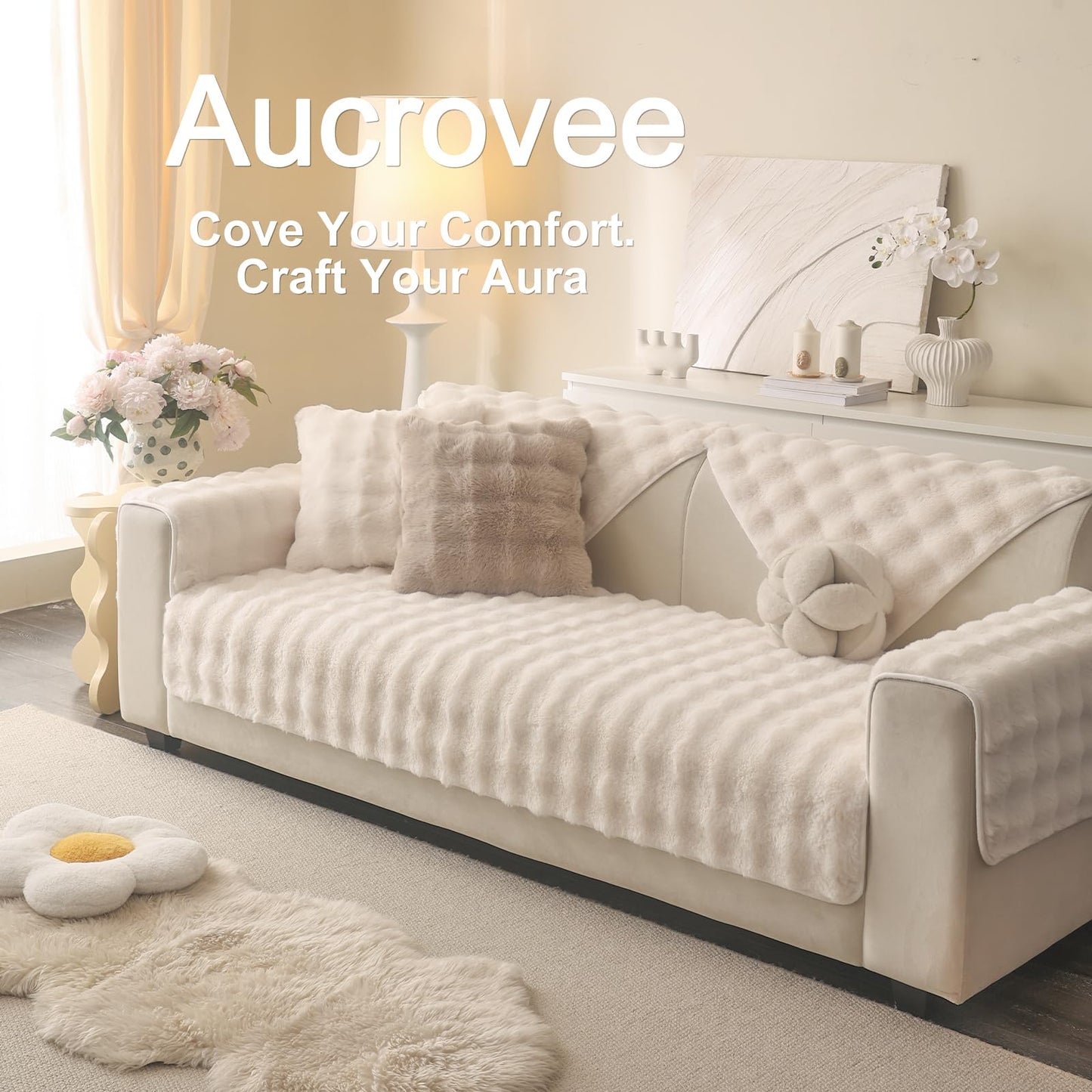 Aucrovee Soft Plush Faux Fur Couch Cover, Thick Warm Fuzzy Sectional Sofa Covers for 3 Cushion Couch Sofa L Sharped Sofa Non Slip Slipcover, Furniture Protector Covers for Pets(1 PCS 36"x94" White)