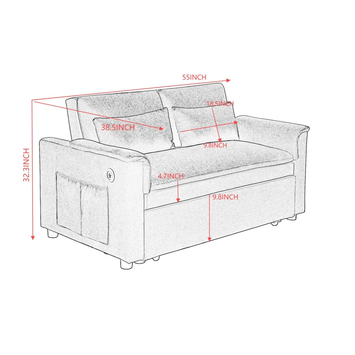 55" Convertible Futon Sofa Bed, Velvet 3 in 1 Sleeper Sofa, Pull Out Couch with USB Ports & 2 Waist Pillows, Adjustable Backrest Loveseat Sofa, Couches for Living Room, Apartment, Bedroom, Black