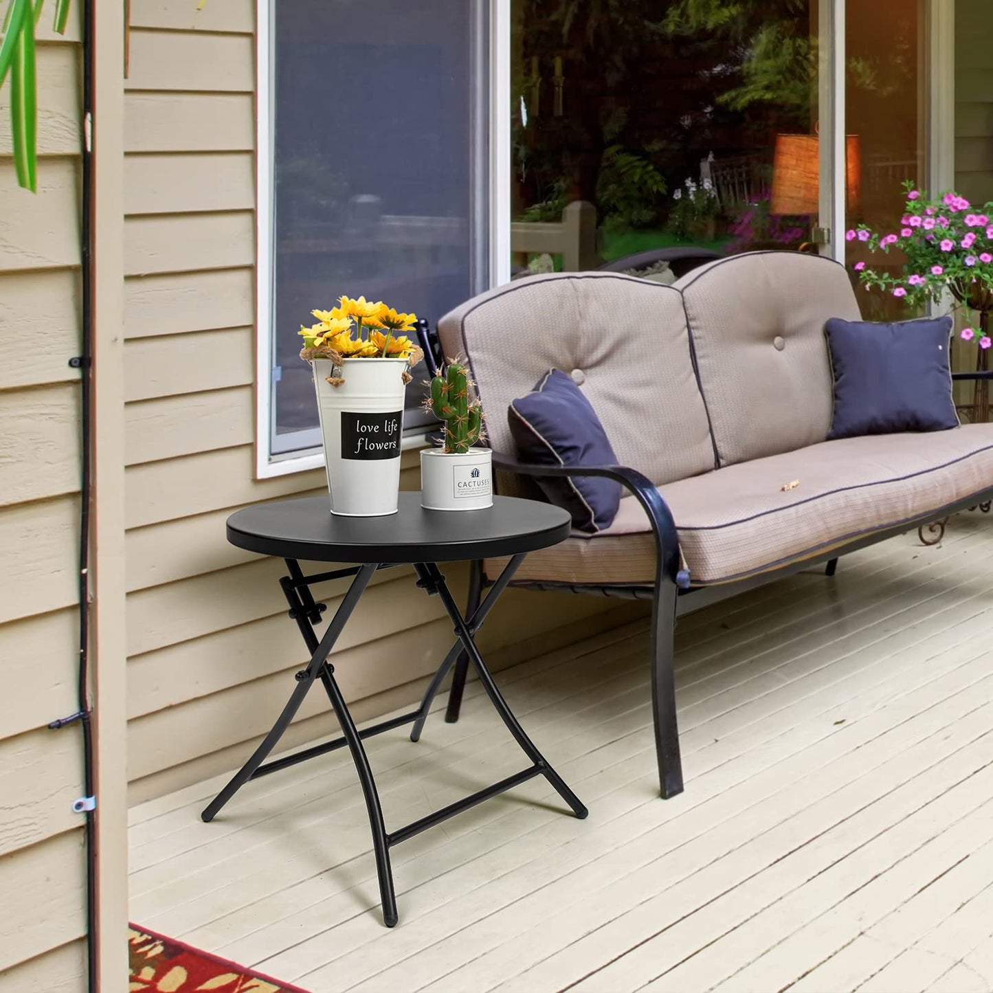 Outdoor Side Table, Folding Round Metal End Table, Weather Resistant Small Patio Accent Table for Porch Yard Balcony Deck (All Black)