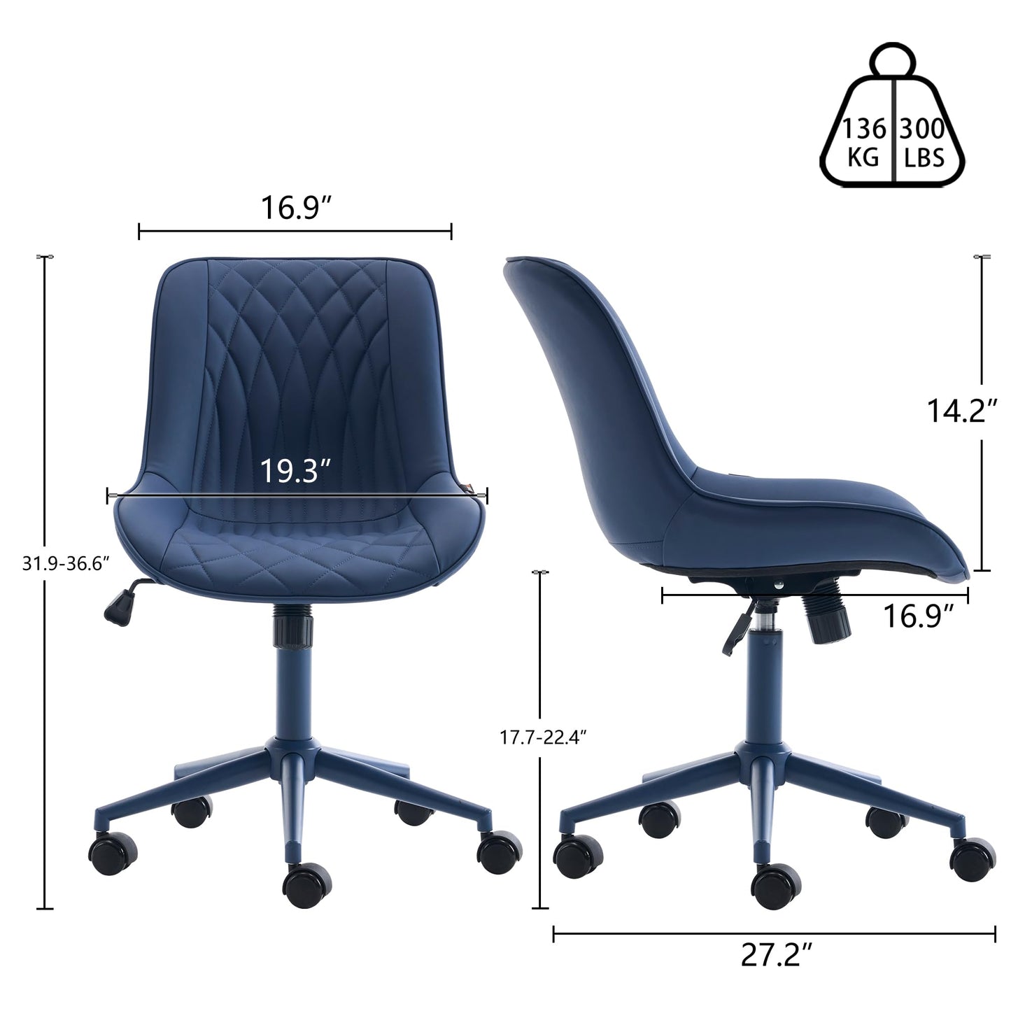 YOUNIKE Faux Leather Ergonomic Office Chair Armless Comfy Desk Chair with Rocking Back Cute Swivel Vanity Chair with Wheels Height Adjustable Small Computer Task Chair for Sewing Drafting Navy Blue