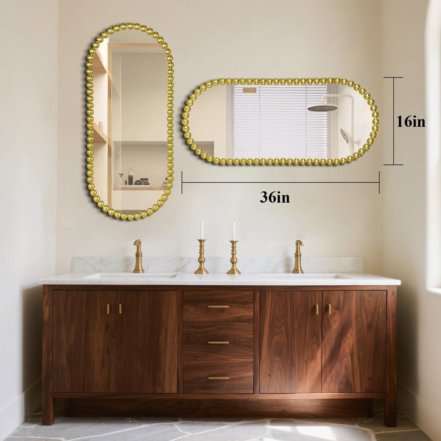 Scoffee Gold Oval Bathroom Mirror Vanity Hanging Beaded Framed Baroque Decorative Wall Mirror for Over Sink，Bedroom, Entryway