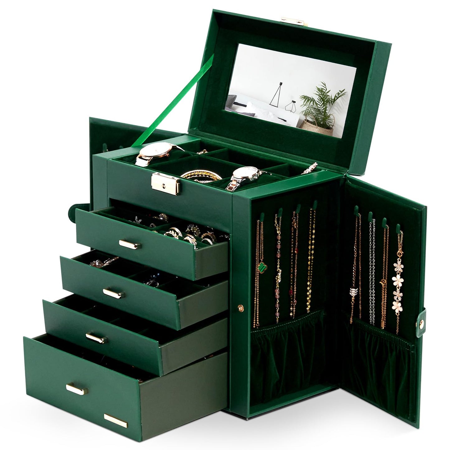 Homde Synthetic Leather Huge Jewelry Box Mirrored Watch Organizer Necklace Ring Earring Storage Lockable Gift Case (Forest Green + Gold)