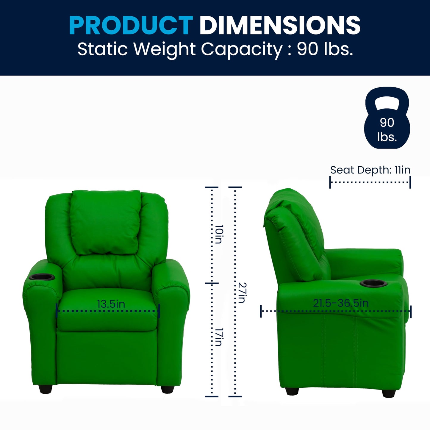 Flash Furniture Vana Vinyl Kids Recliner with Cup Holder, Headrest, and Safety Recline, Contemporary Reclining Chair for Kids, Supports up to 90 lbs., Green