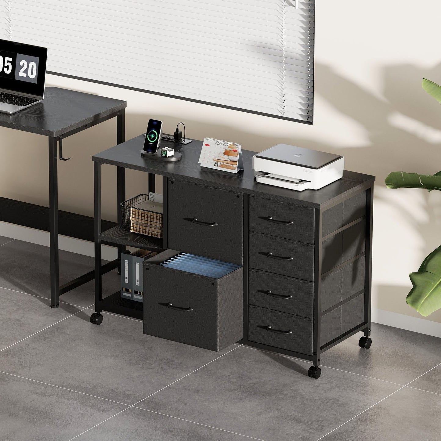 Maihail 6 Drawer File Cabinet with Charging Station Rolling Printer Stand with Open Storage Shelf Fabric Lateral Filing Cabinet for Home Office,Black
