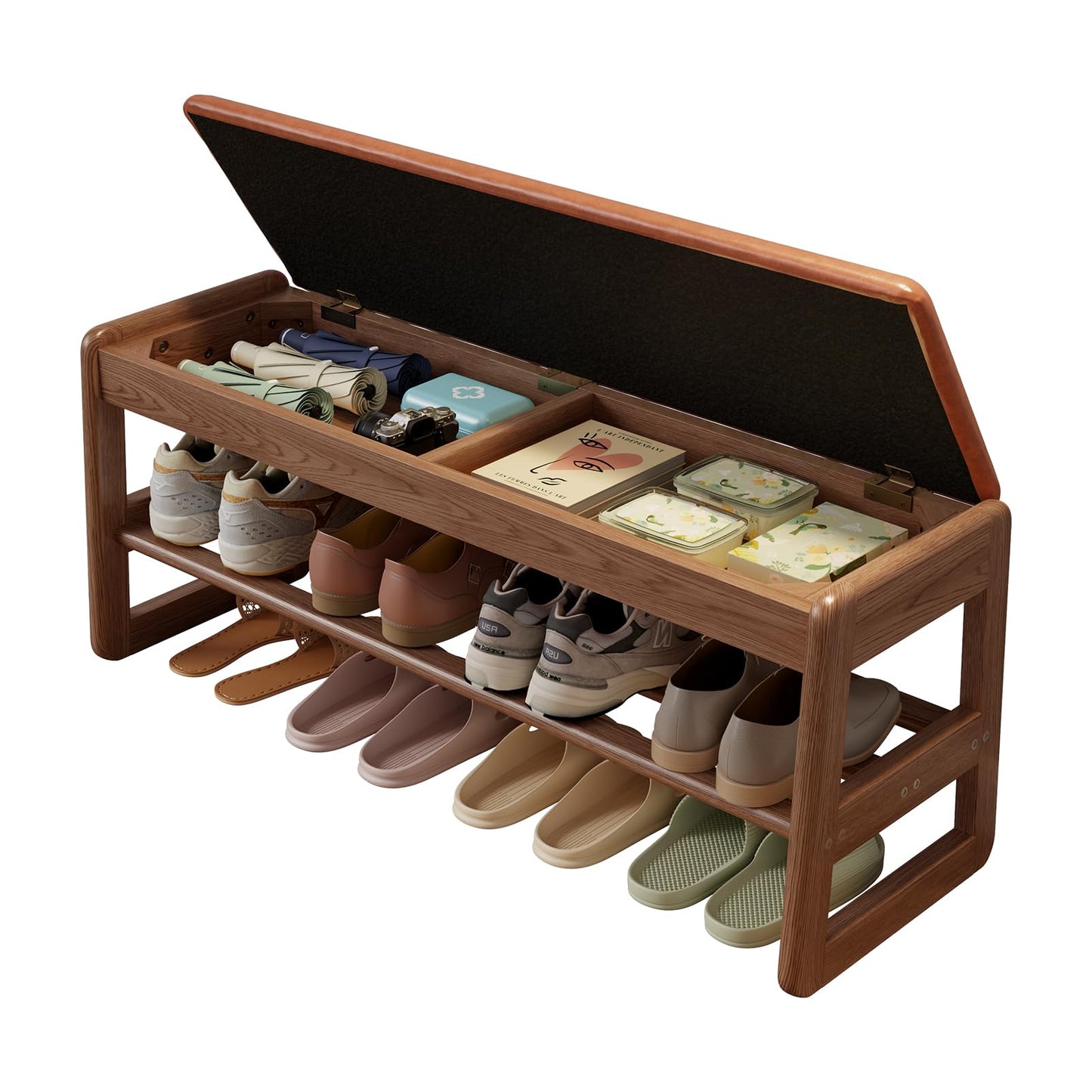 AQIMUELE Shoe Rack Bench,2 Tiers Shoe Bench with Storage with Flip-Top,Wood Shoe Rack for Entryway,Hallway（Orange Upholstered Seat,11.8" D x 39.3" W x 15.7" H）