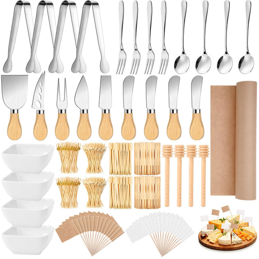 Widecook 270 Pcs Charcuterie Board Accessories Charcuterie Utensils Cheese Spreader Knife Set Butcher Paper Roll Serving Tong Fork Spoon Dipping Bowl Cocktail Pick for Party Christmas Wedding (Silver)