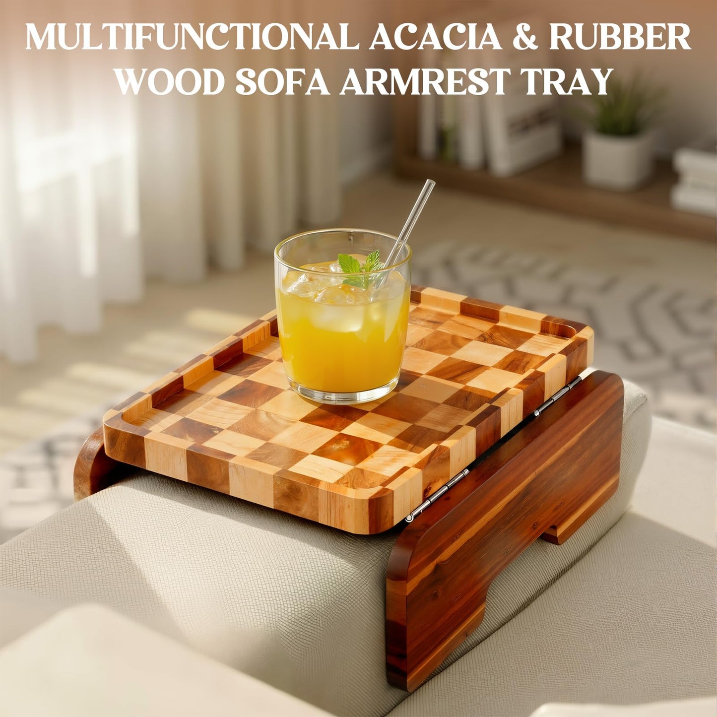 Kathfly Acacia Wood Checkered Sofa Armrest Tray, 13.75" x 9.5" Double Hinge Couch Arm Table, Clip on Sofa Arm Tray, Wooden Side Table for Food Snack Remotes Living Room Decor Mother's Day