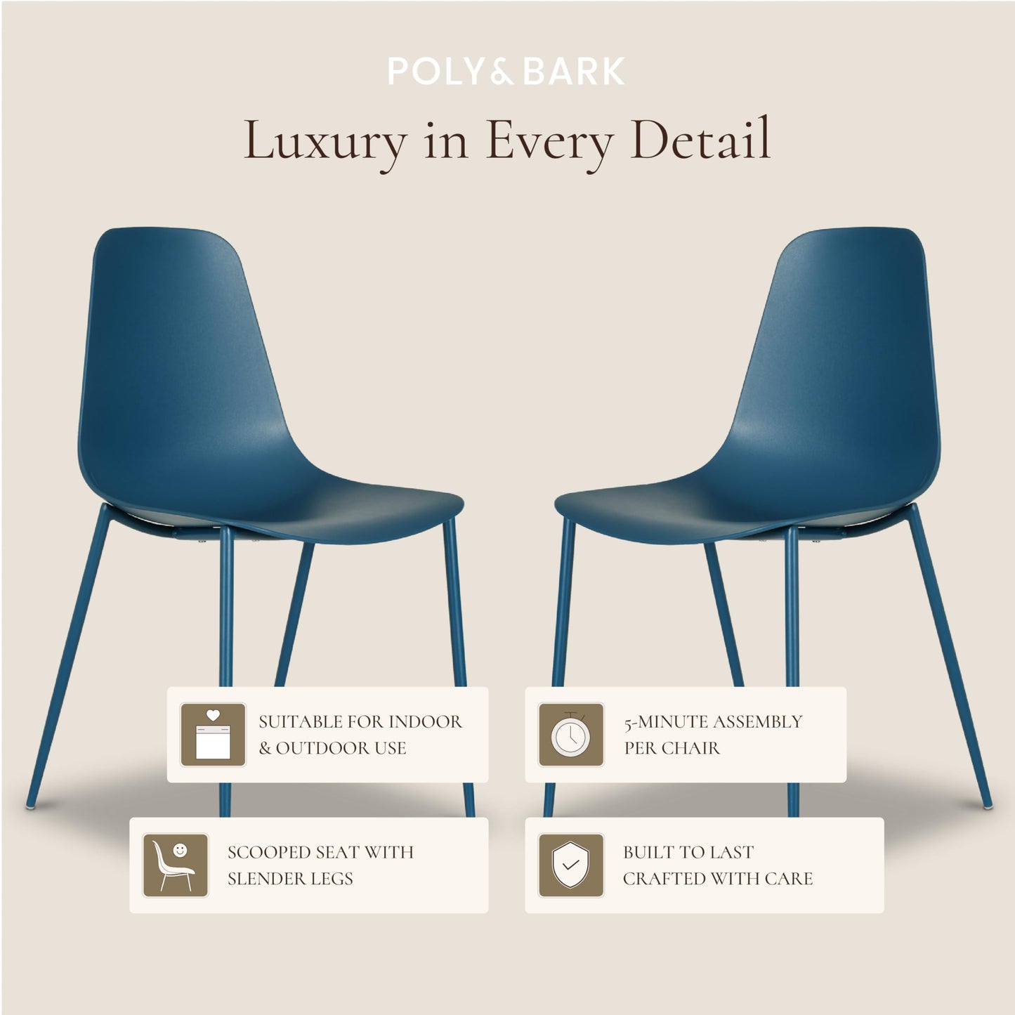 Poly & BARK Isla Modern Kitchen Chairs Set of 4 - Plastic Dining Chair with Metal Legs - Quick Assembly Simple Cafe Chairs Plastic for Indoor or Outdoor - Lago Blue