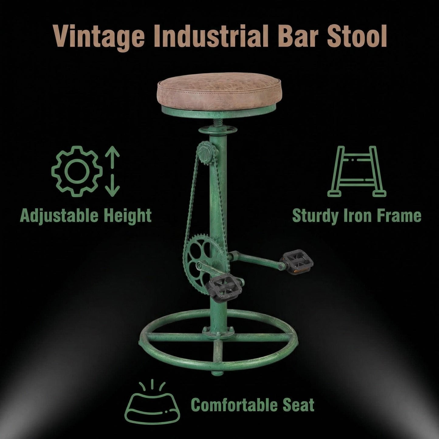 Topower Vintage DIY Bar Stool Bicycle Chain Iron Pedal Retro Industrial Height Adjustable Bicycle Wheel Design bar Chair Set of 2 Antique Green