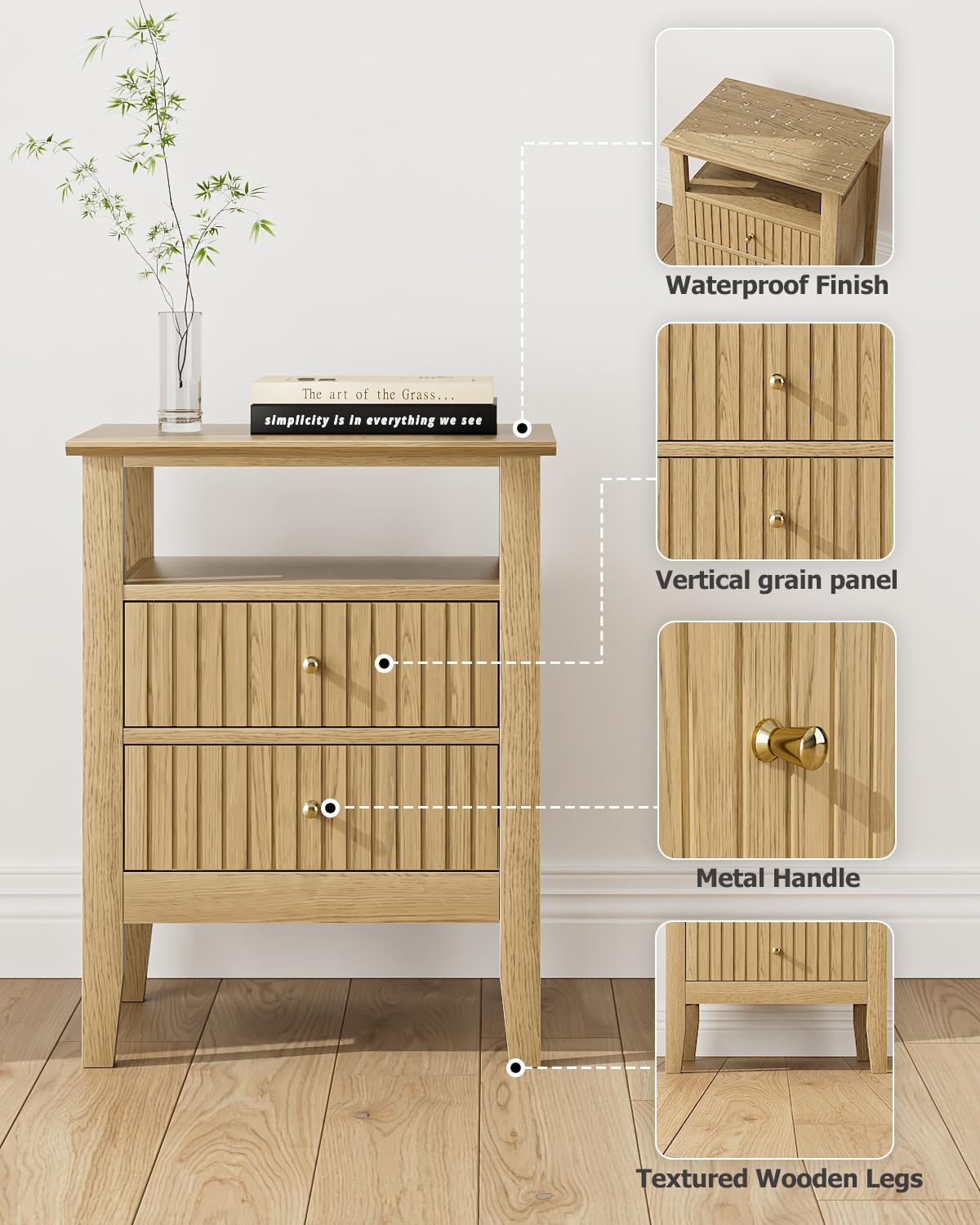 Apetaccat Fluted Nightstand, Farmhouse Night Stand with 2 Drawers, Mid Century Modern Side Accent Table,Bedside End Table for Bedroom, Living Room, Yellow Oak