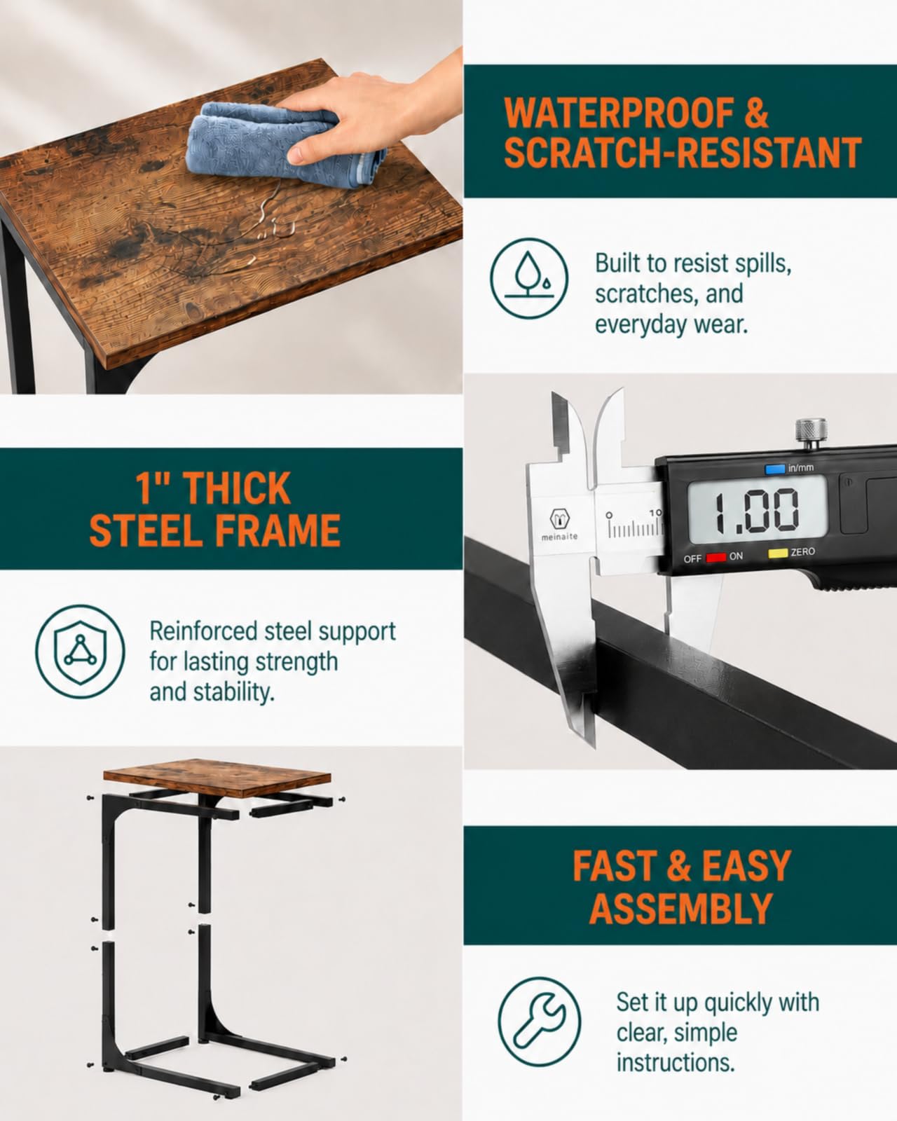 RISWER C-Shaped Side Table for Couch - Small Coffee Stand Sofa Tray Desk with Metal Frame and Waterproof Scratch Resistant, Modern End Accent for Living Room, Bedroom, Small Spaces, Rustic Brown