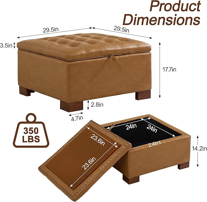 WUTUTUEE 30" Faux Leather Square Storage Ottoman