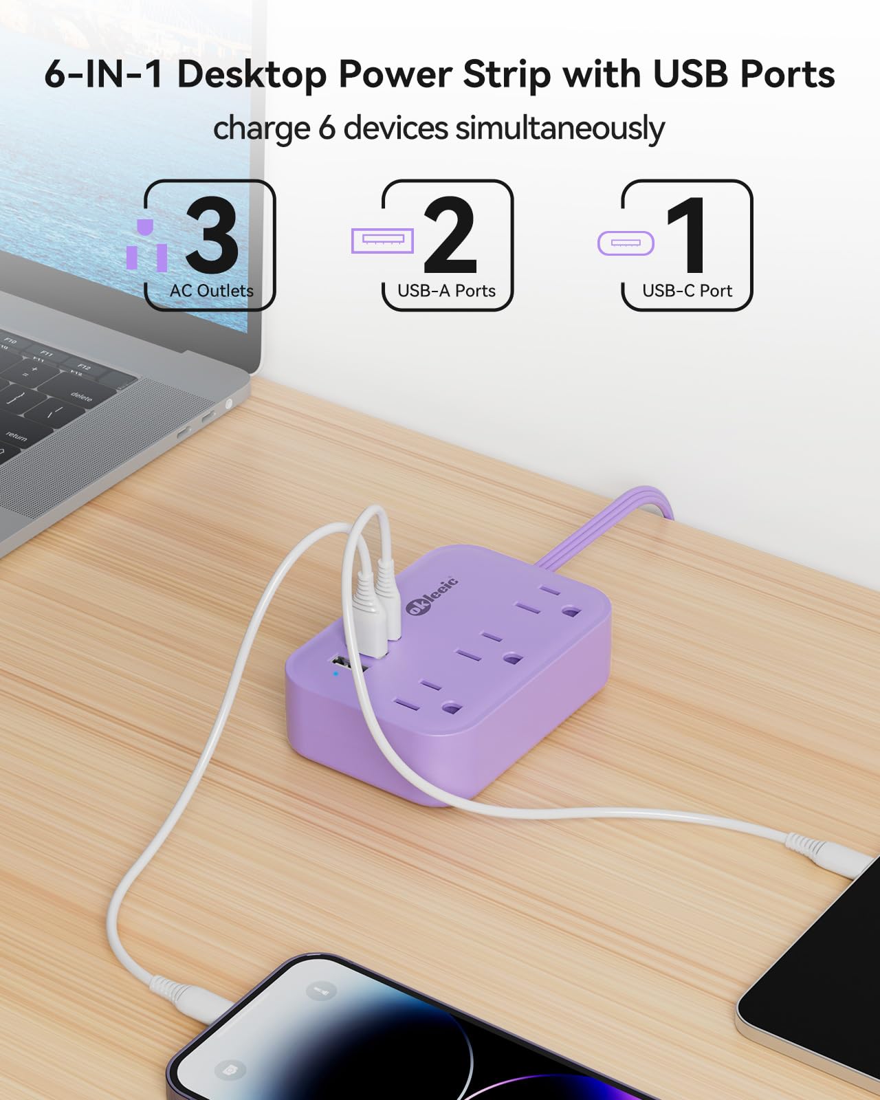 Purple Extension Cord with 3 Outlets & 3 USB(1 USB C), Cute Small Extension Cord 5ft, Travel Power Strip Flat Plug with USB Charging Station, Compact for Cute Purple Kawaii Lavender Desk Accessories