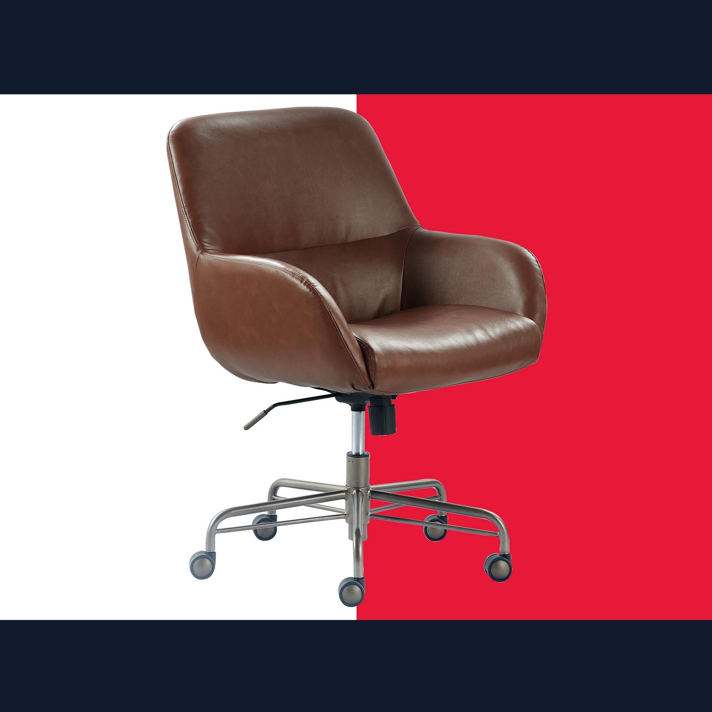 Tommy Hilfiger Forester Luxury Bonded Leather Home Office Chair, Modern Round Swivel Accent Seating with Arms, Adjustable Height and Recline, Cognac Brown