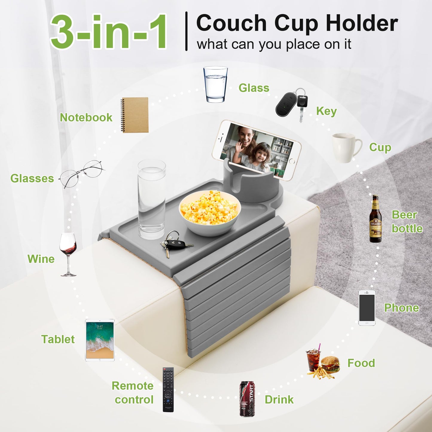 aisongdong Couch Cup Holder - 3 in 1 Couch Arm Table Tray with 360° Rotating Cup Holder for Couch,Anti-Slip Arm Chair Rest Table for Large Wide Sofa Armrest, Foldable Side Table for Drinks Snacks