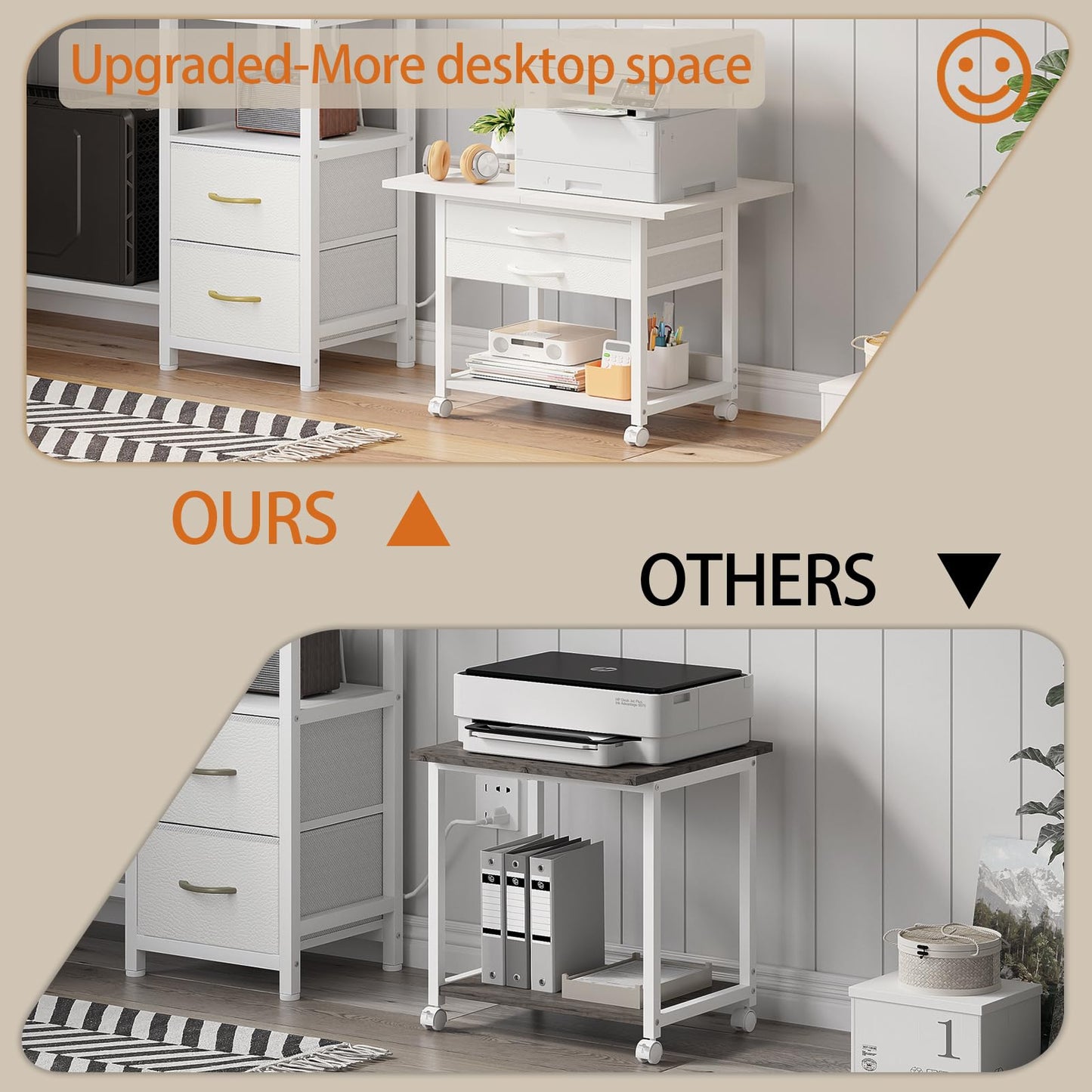 VENNQD Large Printer Stand with Storage Fabric Drawer Under Desk Printer Table with Wheels for Home Office, Printer Cart fit Fax Machine Scanner 23.4"x15.7" (White, 2 Tiers)