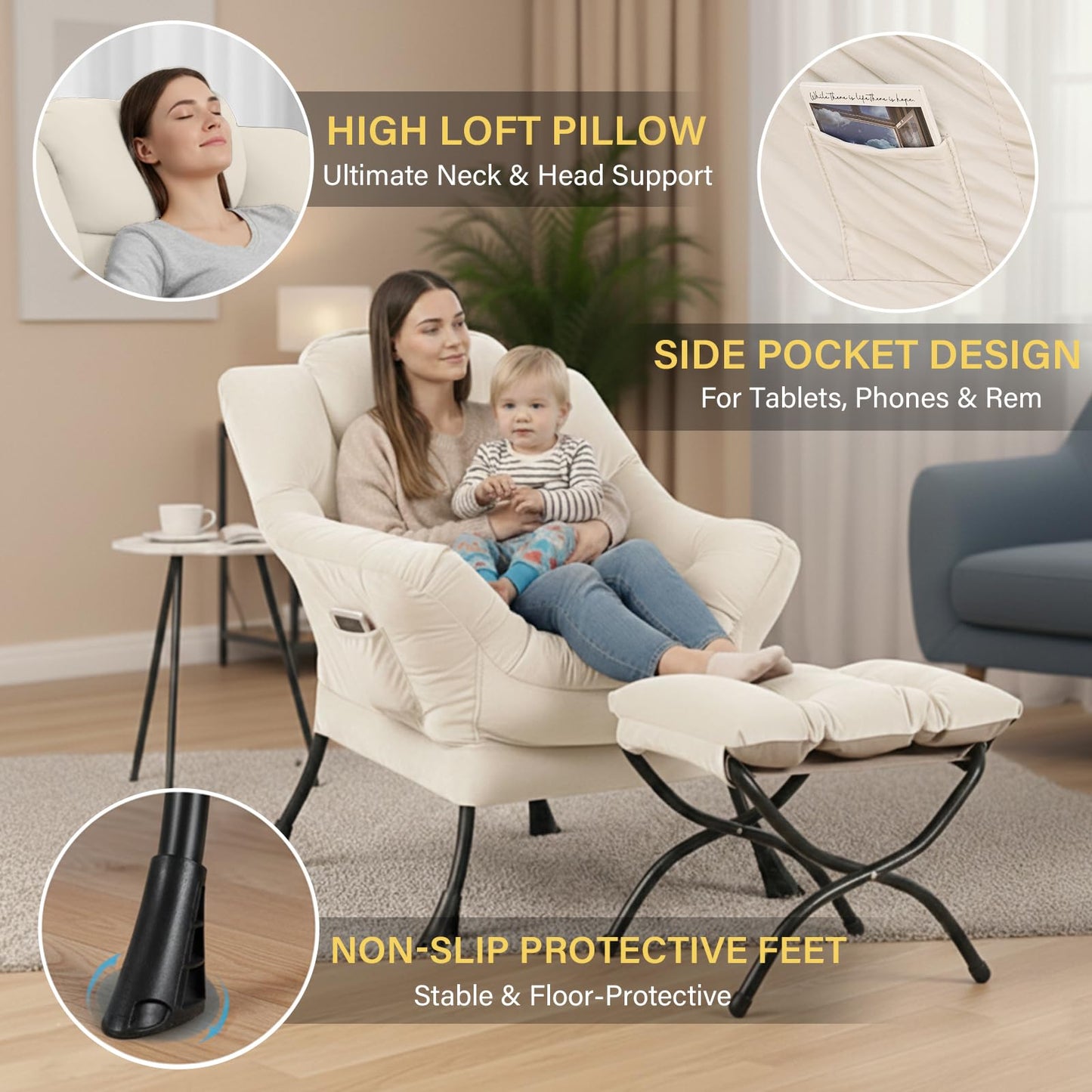 Givjoy Lazy Chair and Ottoman, Large Velvet Beige Accent Chair with a Side Pocket, Modern Leisure Upholstered Reading Armchair with Footrest for Office, Bedroom, Living Room, Dorm Rooms, Balcony