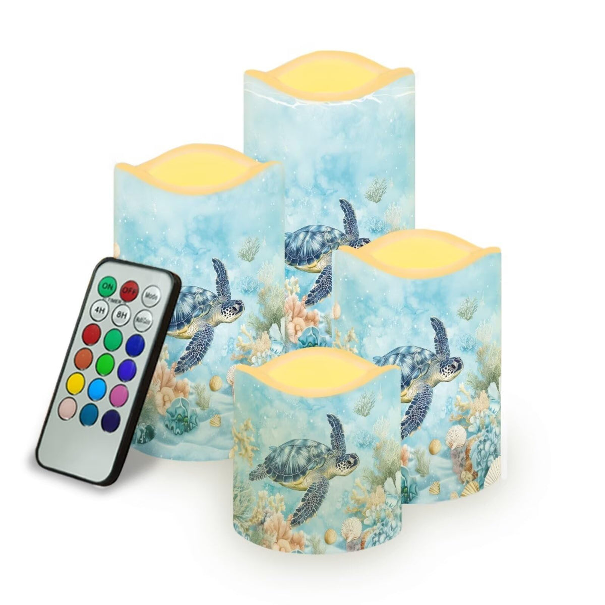 Cozeyat Turtle Ocean LED Candles 4 Pack Color Changing Battery Operated Flameless with Remote Control Timer Waterproof for Home Wedding Garden Beach