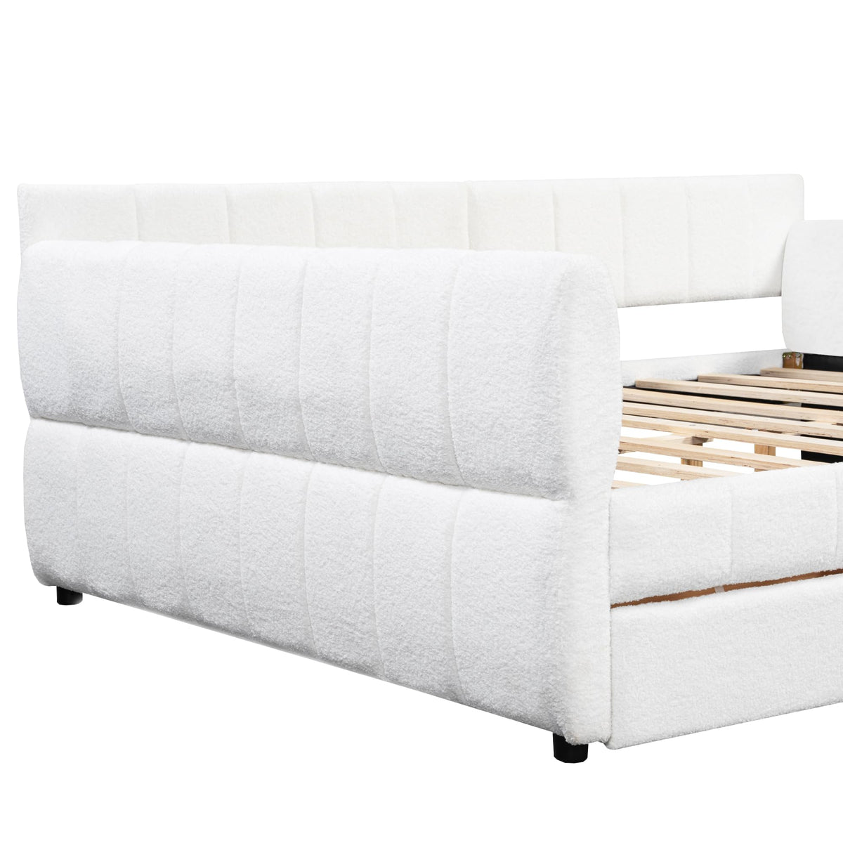 Ball & Cast Queen Size Daybed with Storage Drawers and USB Port,Upholstered Day Bed Frame with Channel Tufted Backrest and Armrest, Boucle Fabric,No Box Spring Needed,White