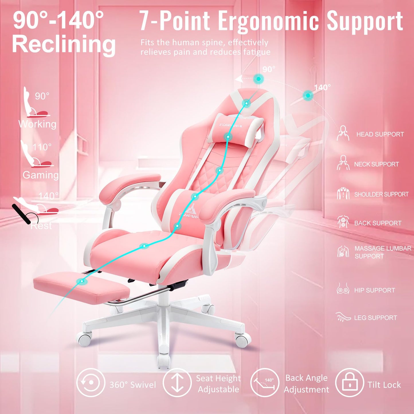TUKAKA Pink Gaming Chair,Ergonomic Massage Computer Office Desk Chai r with Footrest,Pocket Spring Cushion,Reclining Leather Adjustable Gamer Chair with Headrest and Lumbar Support,Pink