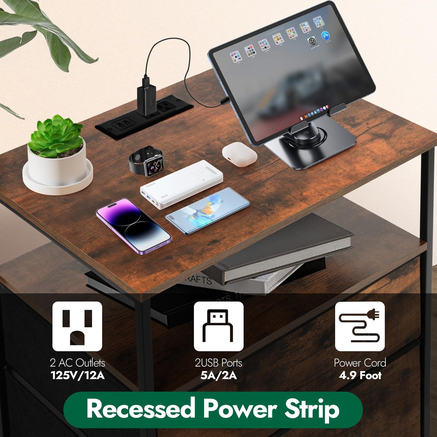 PATAVOT 3 Drawers Dresser with Charging Station, 24 Inch Wide LED Night Stand Set 2 with Adjustable Fabric Drawer, Nightstand with Storage Shelf for Living Room/Bedroom/Office, Rustic Brown.