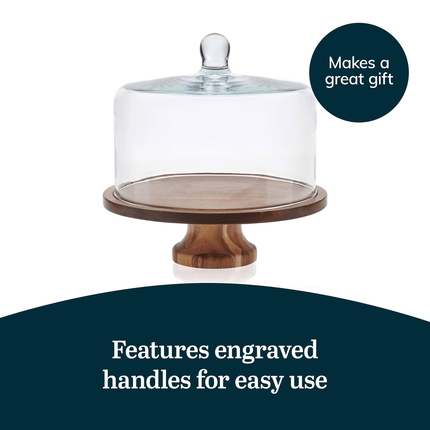 Libbey Acacia Wood Cake Stand with Lid, Footed Cake Stand With Cover, Durable Ball Top Handle Glass Dessert Dome
