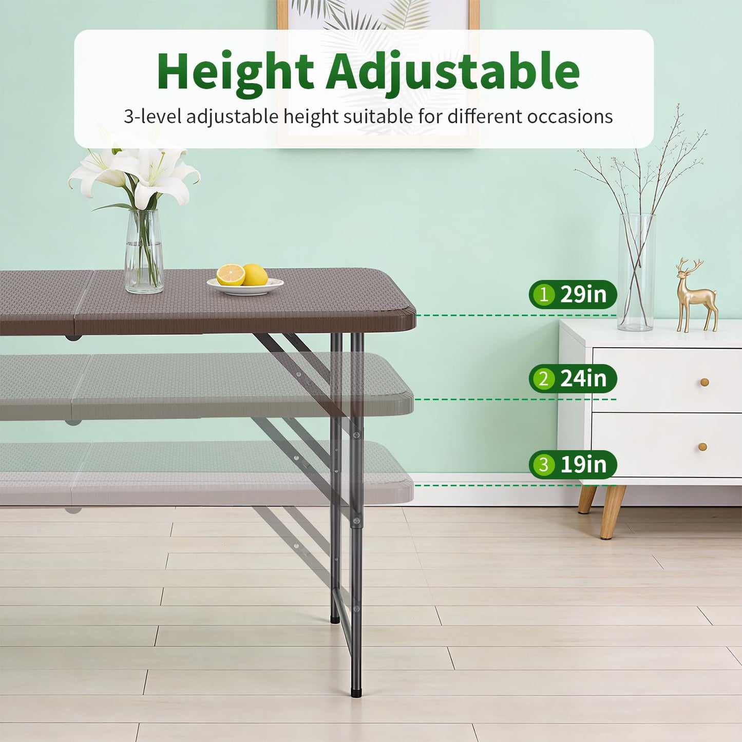 BestOffice 4 FT Picnic Table Folding Table Camping Plastic Table Fold Up Table Lock for Party Event, Brown Ratten