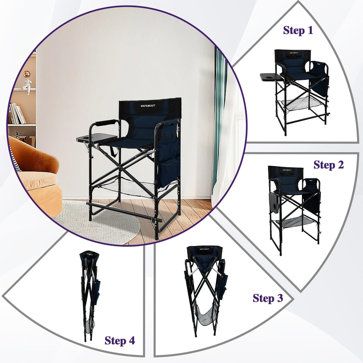 WKFAMOUT Tall Folding Directors Chair with Side Table 30.71" Seat Height Foldable Camping Chair Bar Stool for Makeup Artist Face Painting with Footrest and Storage Pocket Supports 350LBS