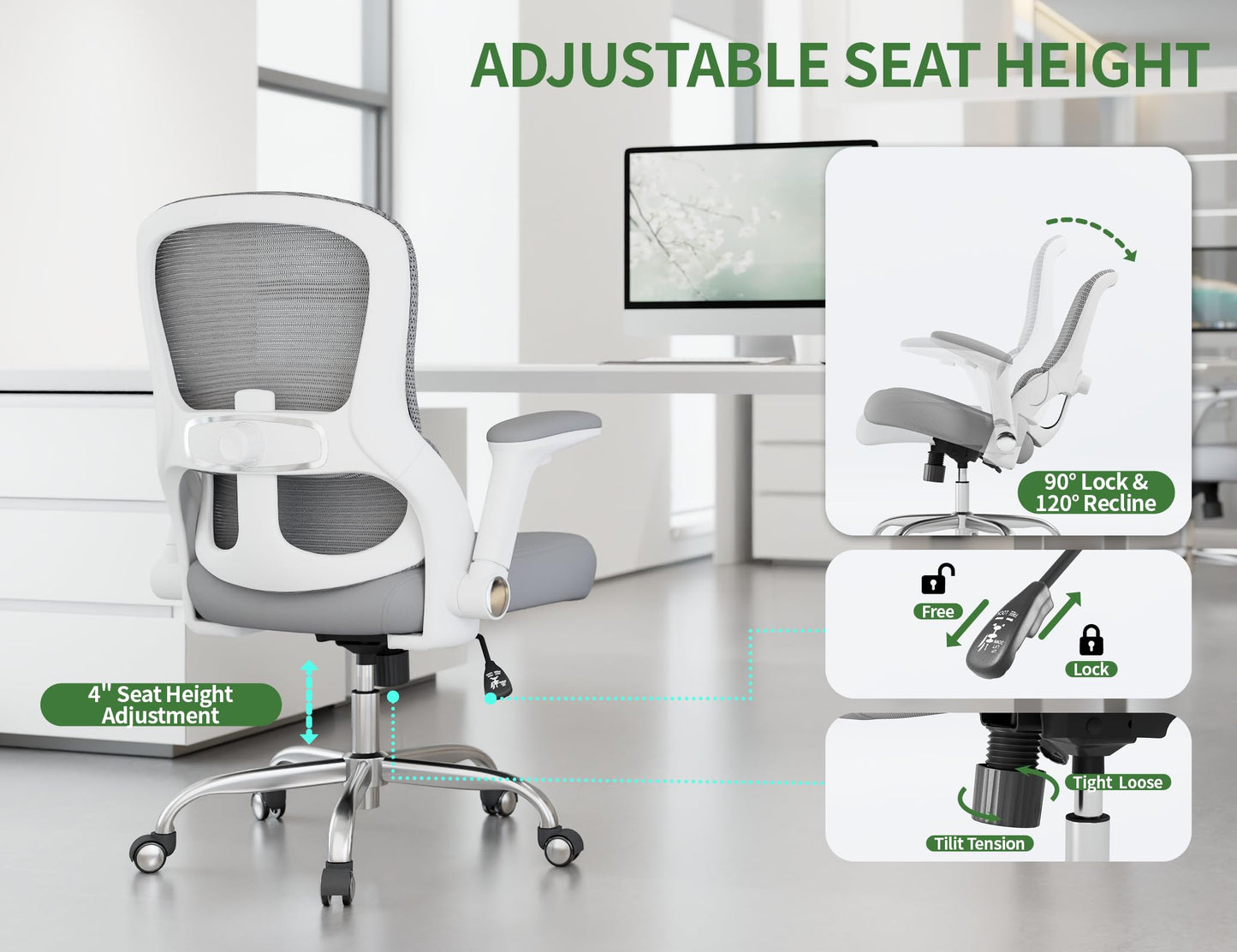 Ergonomic Office Chair: 400LBS Office Computer Desk Chair with High Back Mesh and Adjustable Lumbar Support Rolling Work Swivel Task Chairs with Wheel 3D Armrests, Ergo Gaming Chair (Grey)