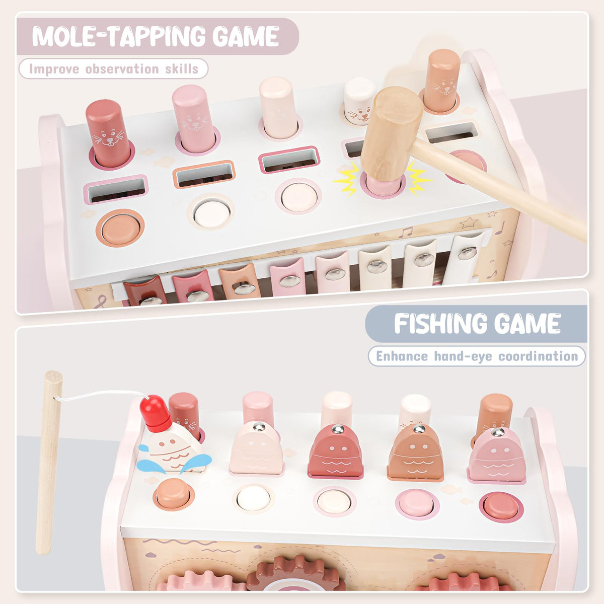 Joyreal Montessori Toys for 1 Year Old Girl Gift - Pink Wooden Hammering Pounding Toy with Xylophone & Fishing Game - Toddler Learning Activities for Kids 1+ 2 3 Year Old Christmas Birthday Gifts