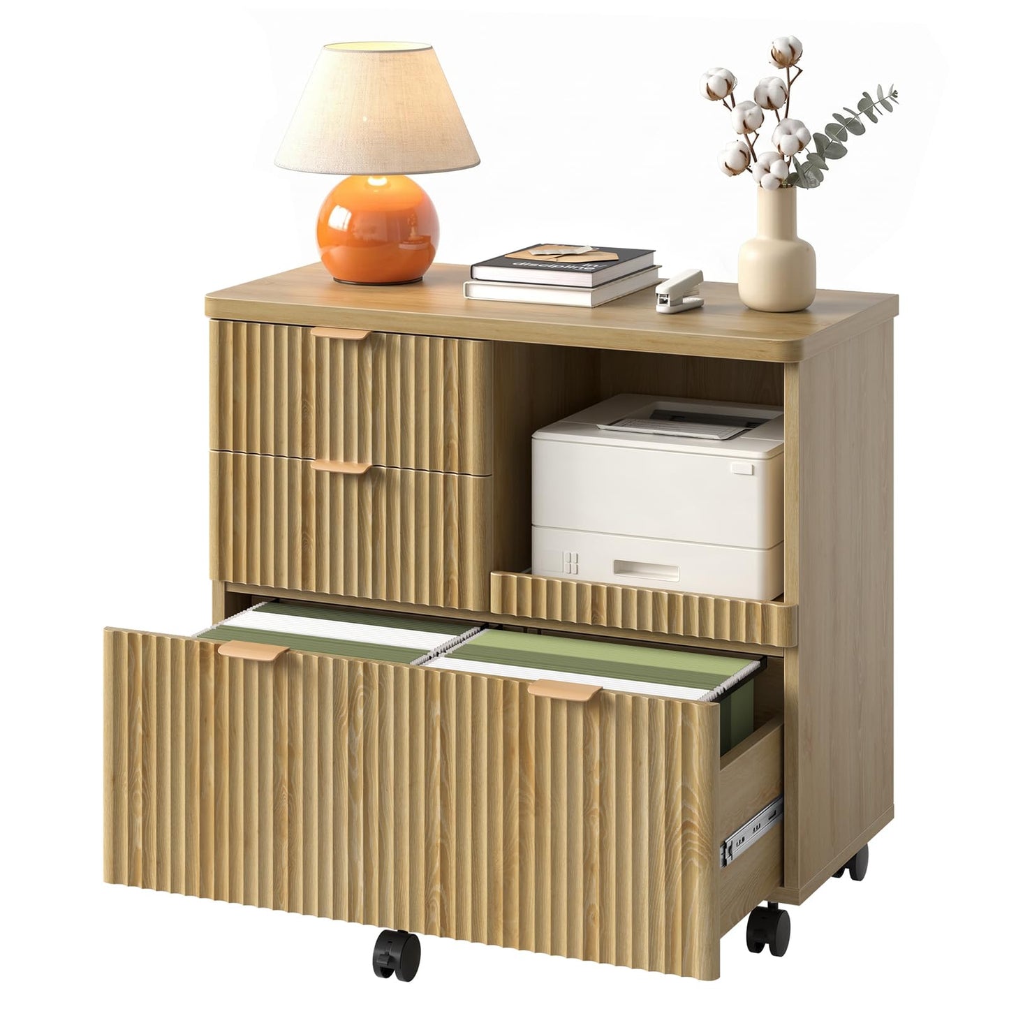 Bestier 3 Drawer File Cabinet, Decorative Fluted Wood Lateral Filing Cabinet with Caster for Home Office, Fits for A4/Letter/Legal-Sized Files, Printer Stand with Open Storage Shelves, Oak