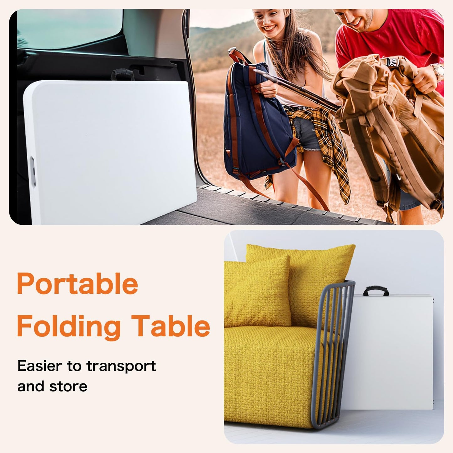 Sweetcrispy 4 FT Folding Picnic Table Easy to Fold and Store, Foldable Table for Camping Picnic Dining Party Kitchen Outdoor Indoor with Carrying Handle