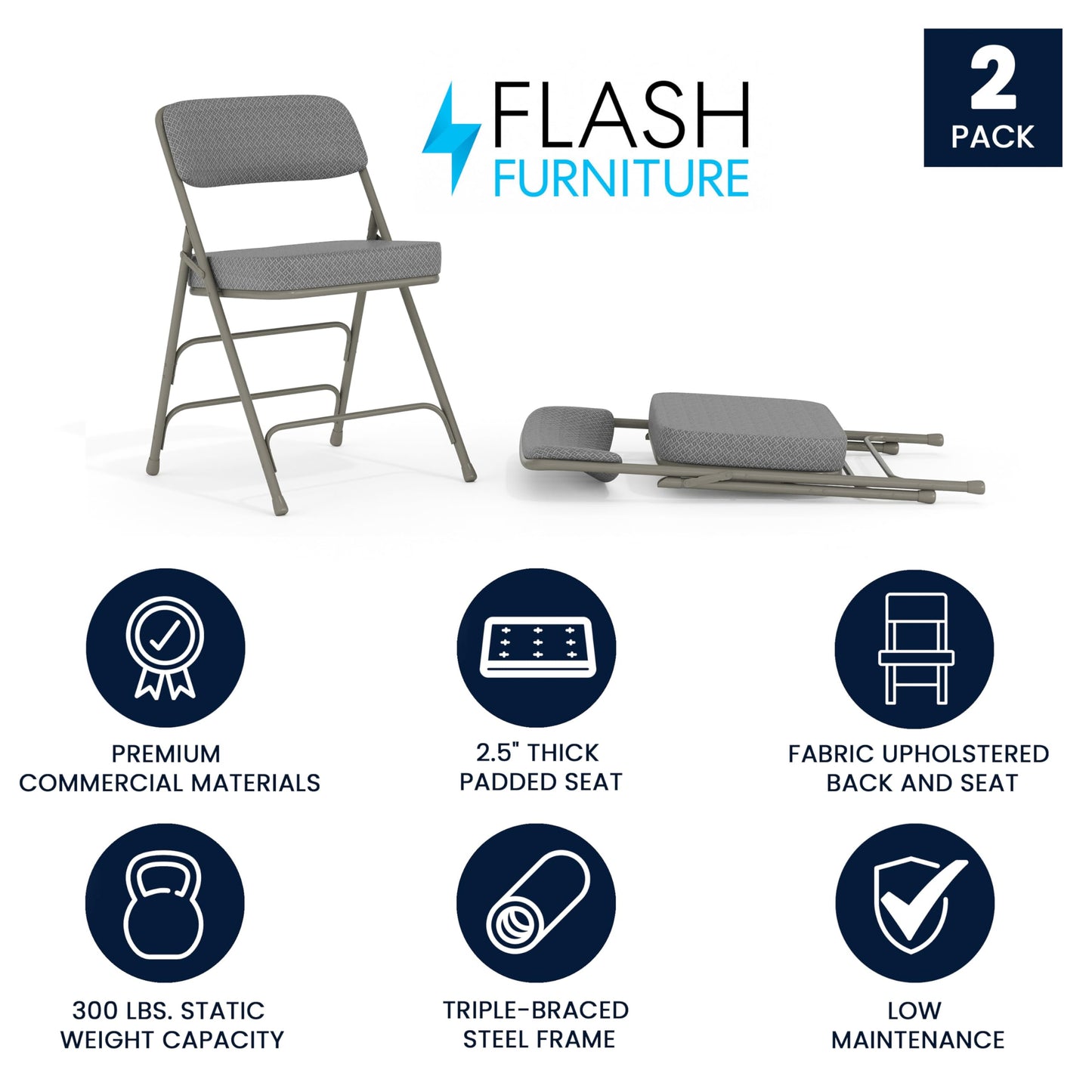 Flash Furniture Hercules Series Metal Folding Chairs with Cushioned Seats, Fabric Upholstered Event Chairs, Set of 2, Gray
