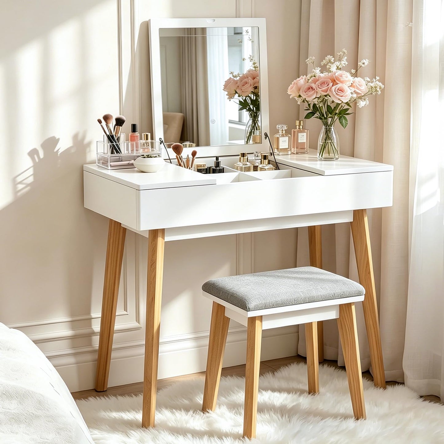 JanflyHome Small Vanity Desk, Flip Top Makeup Vanity, Makeup Vanity Desk with Mirror & LED Light, Power Outlet, Compact Dressing Table with Cushioning Stool, Vanity Desk Set for Kids, White