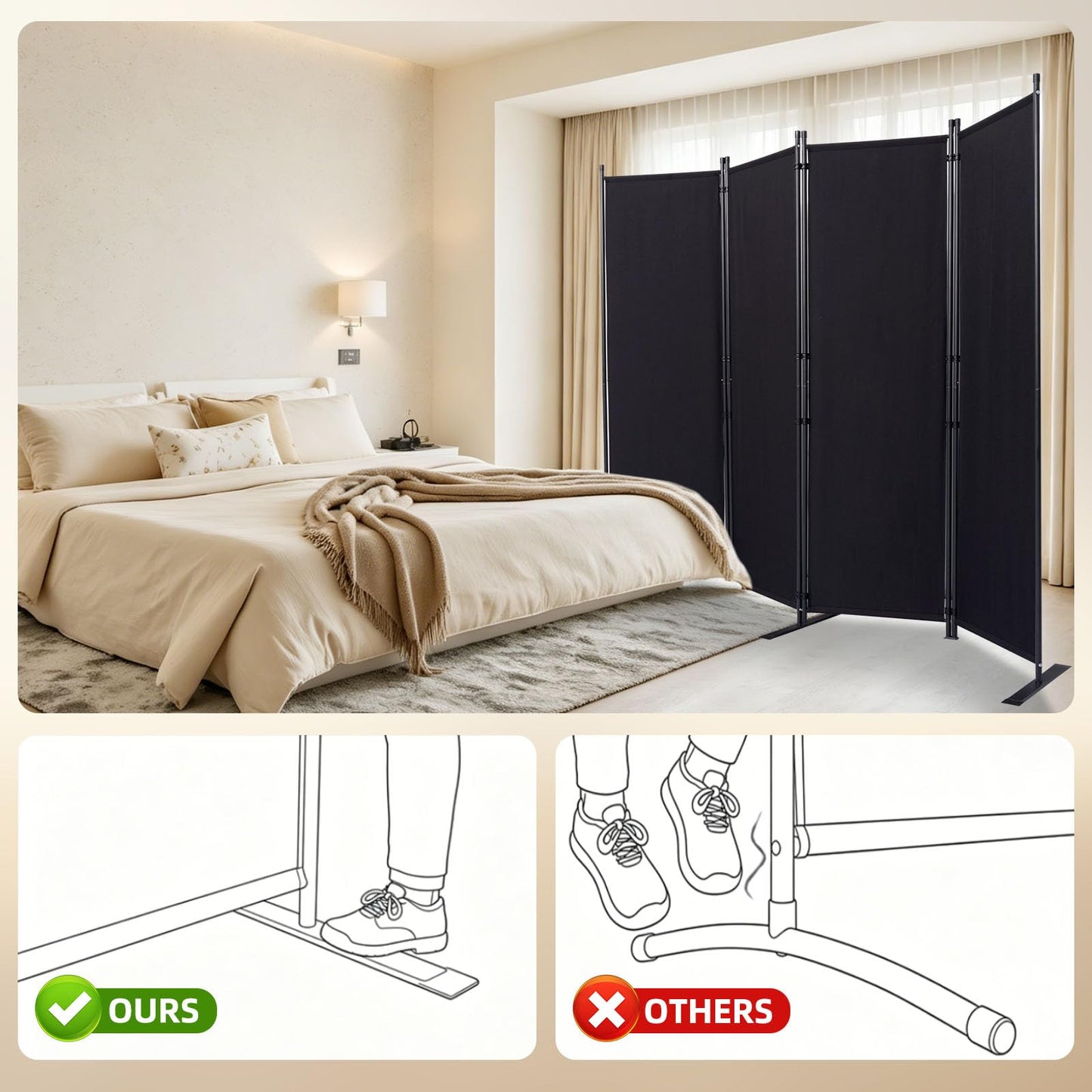 Room Divider and Folding Privacy Screens, Wide Room Divider Wall Screen for Room Separtition, Partition Room Dividers Fabric Panel Wall Dividers Freestanding for Office (Black, 4 Panel-88'' Wide)