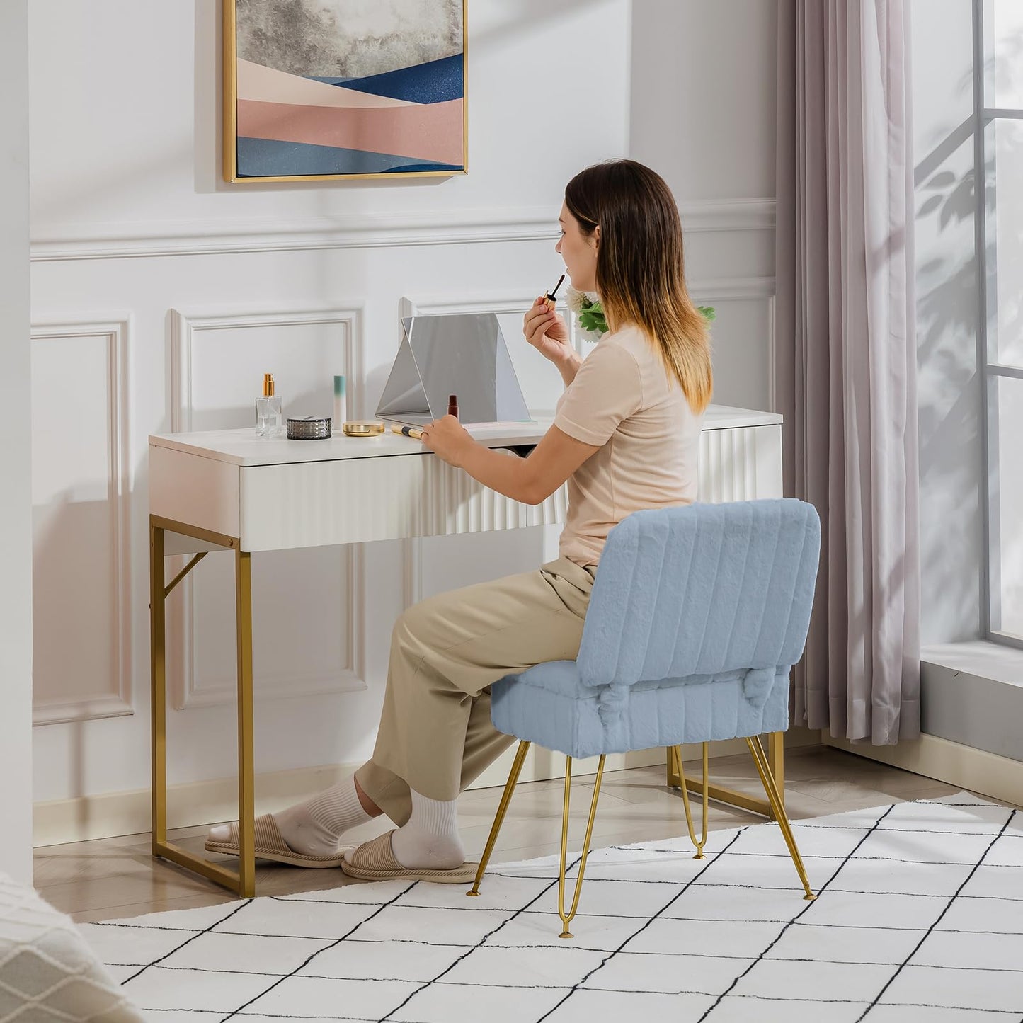 Manyday Vanity Chair with Storage, Comfy Ottoman with Folding Back, Faux Fur Vanity Stool with 4 Metal Legs for Make Up, Furry Padded Seat with Anti-Slip Feet for Bedroom Dressing Room, MistyBlue