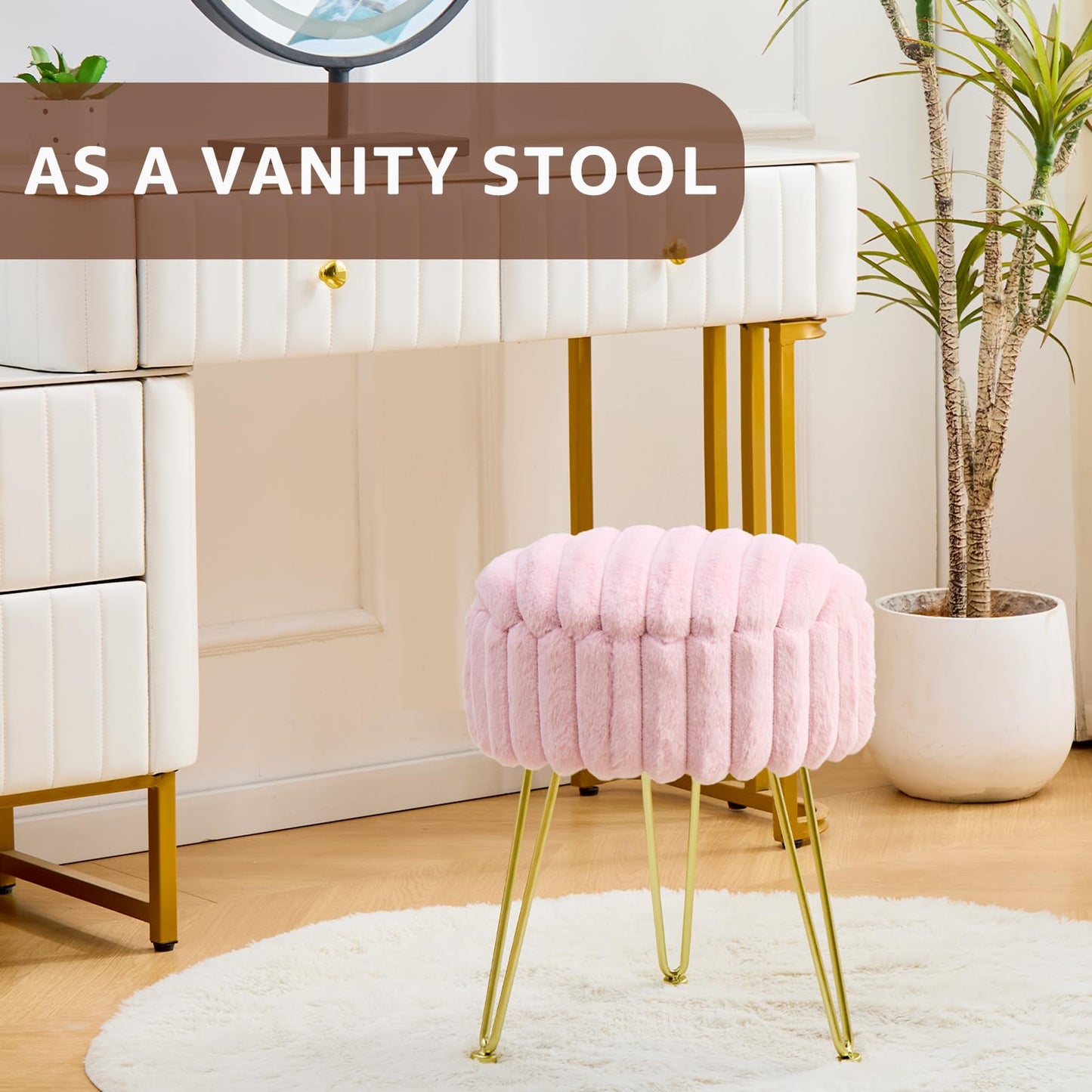 Wimarsbon Vanity Stool with Storage, Faux Fur Ottoman Chair with Metal Legs, Round Makeup Vanity Chair for Bedroom or Dressing Table, Modern Small Ottoman Seat (Pink)