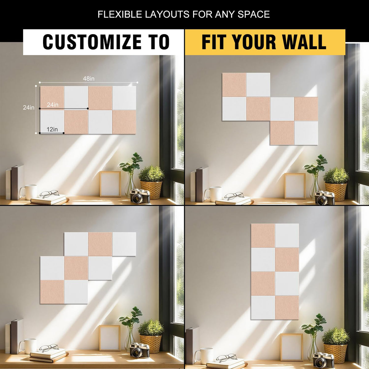 TSJOFFICE Large Cork Board for Wall - 48" x 24" Bulletin Board with 30 Pushpins for Office Decor, Pin Board 8 Pack Felt Tiles with Safe Removable Adhesive Tabs, Corkboard for Home - Cinnamon & White