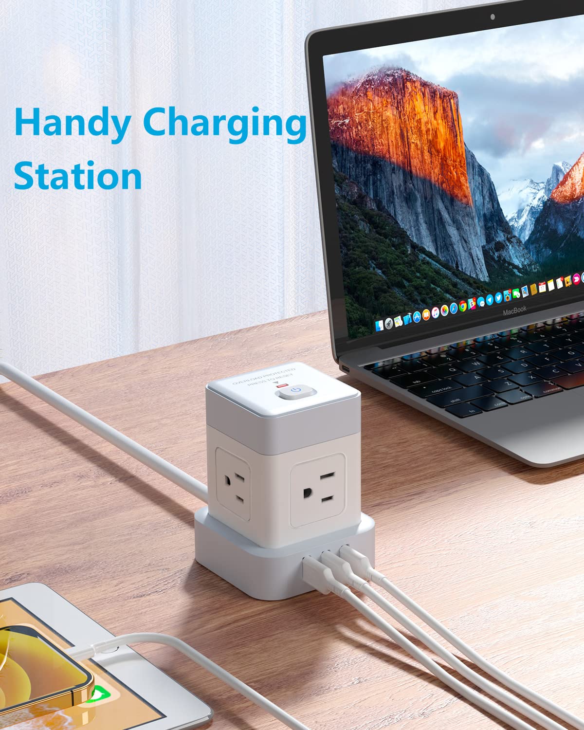 Baykul Power Strip with USB, 4 Outlet 3 USB Ports (3 USB-A) Power Strip Cube, 10 ft Extension Cord, Flat Plug Surge Protector, Kitchen, Home, Office, Travel, White
