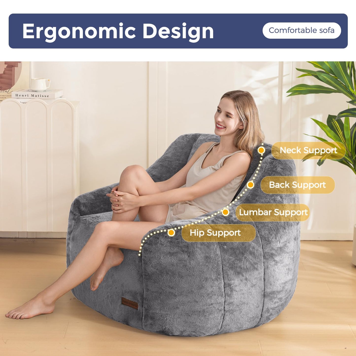 MAXYOYO Bean Bag Chair, Comfy Bean Bag Sofa with Back Support, Faux Fur Bean Bag Chair for Adults and Kids, Stuffed Floor Sofa for Living Room, Bedroom, Apartment, Grey