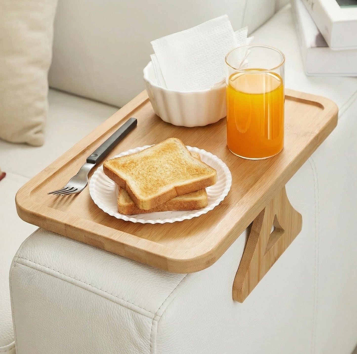 Fumusae Couch Arm Tray, 13" × 9" Bamboo Foldable Sofa Armrest Table Tray Clip-On Desk for Eating TV Snacks Drinks Phone Remote, Natural Wood Wooden Holder Side Table for Armchair Recliner Small Spaces