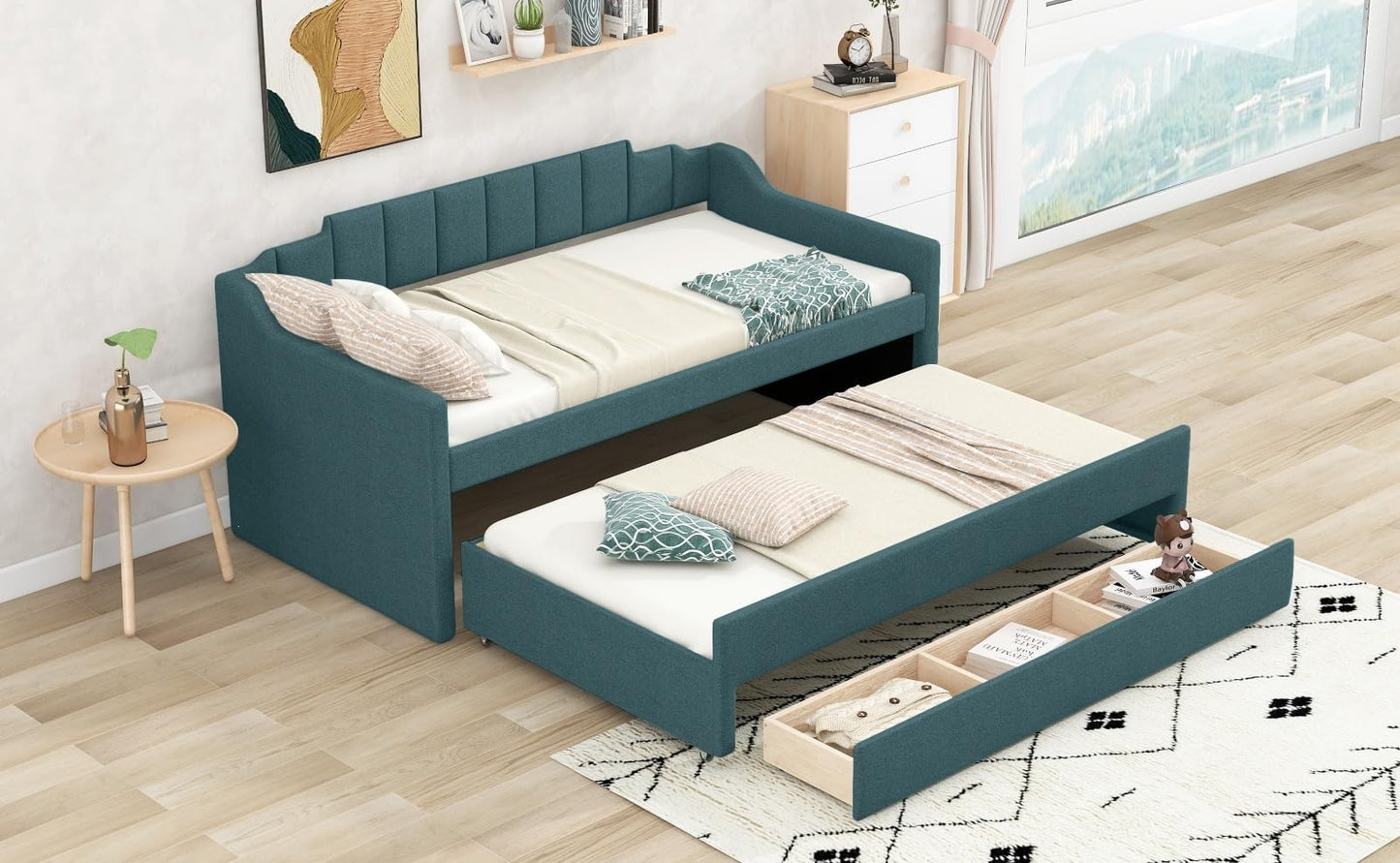 Bnyifoqi Green Upholstered Daybed with Trundle & Storage Drawers, Twin Size