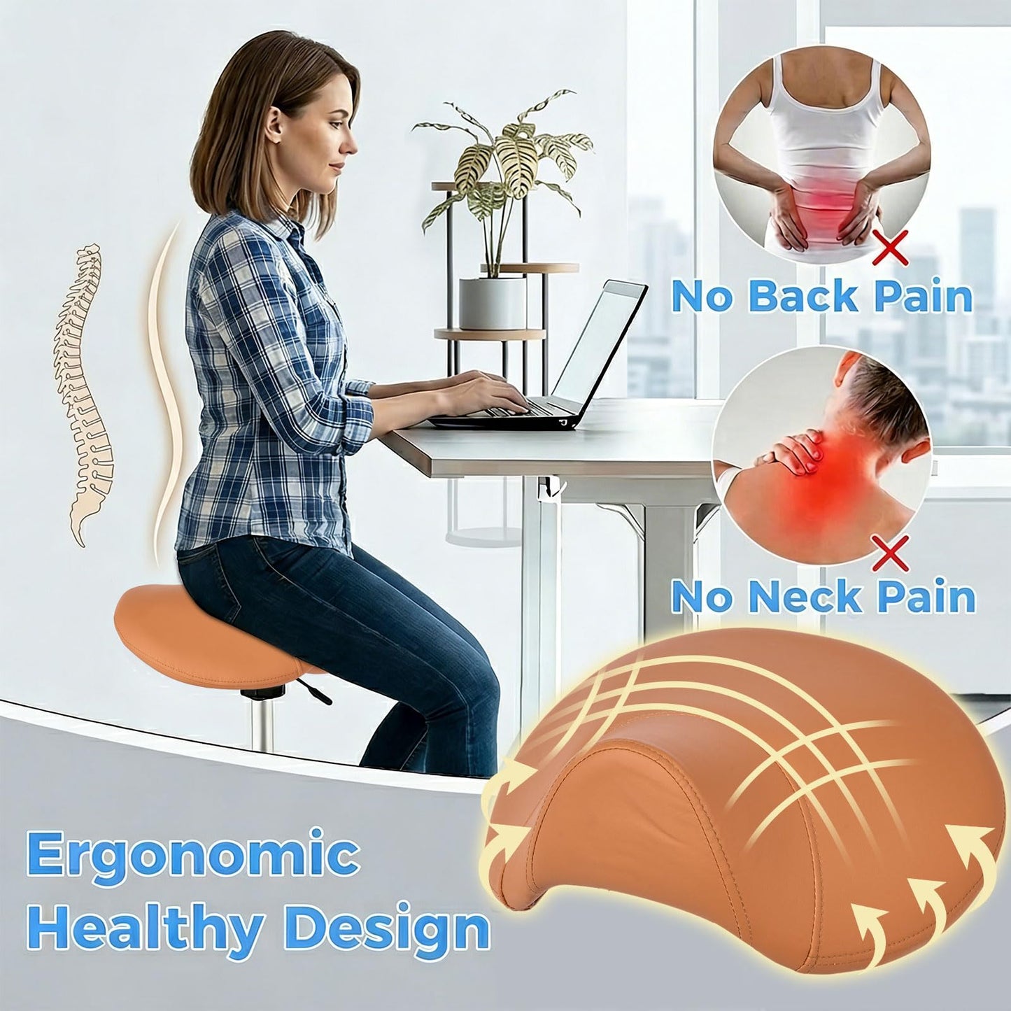 BEWISHOME Saddle Stool with Wheels, Ergonomic Contoured Seat, Thick Cushioned PU Leather Swivel Saddle Chair with Adjustable Height for All-Day Comfort, for Salon, Clinic, Studio and OfficeBMD01Z